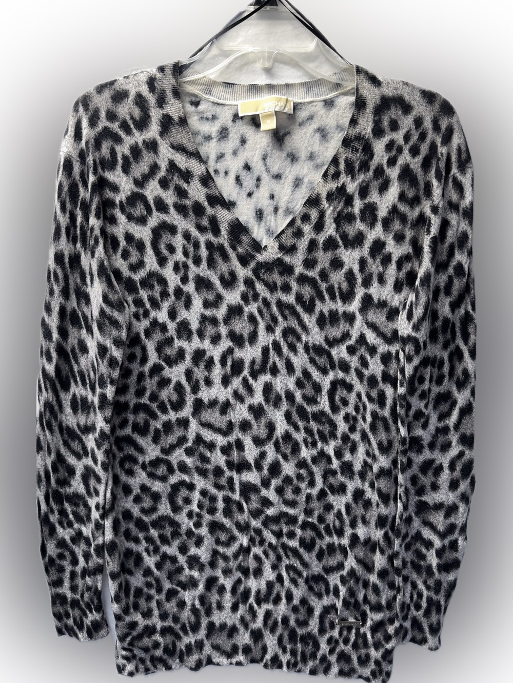 Michael Kors Black and Gray Leopard Print V-Neck Sweater